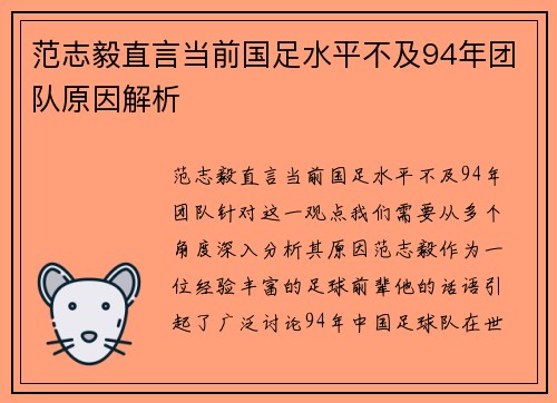 范志毅直言当前国足水平不及94年团队原因解析