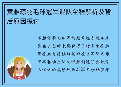 黄雅琼羽毛球冠军退队全程解析及背后原因探讨